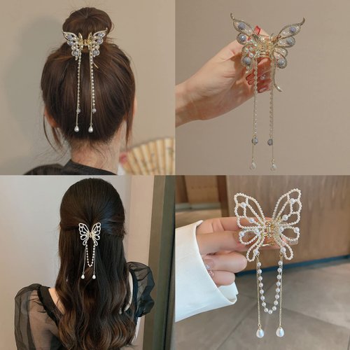 2PCS Butterfly Hair Clips for Women Metal Nonslip Small Claw Clip Peal Tassel Sparkling Hairpins Fashion Styling Hair Accessories Gift