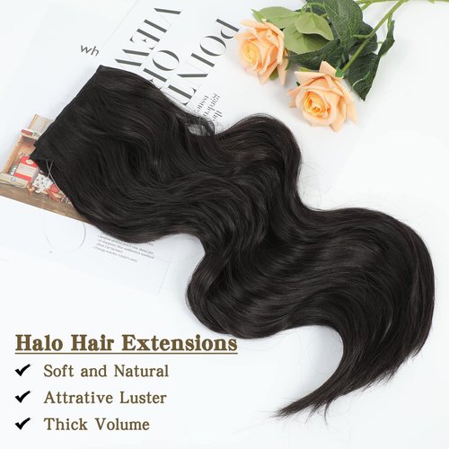 Gowit Black Hair Extensions, Invisible Wire Hair Extension with Transparent Wire, Soft Long Wavy Hairpieces for Women Secure 4 Clips Ins