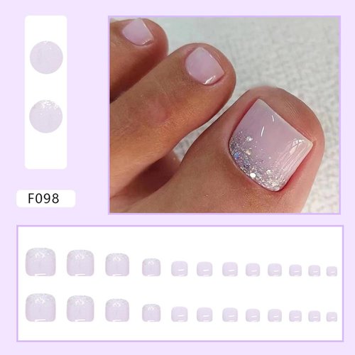 24 Pcs Purple Press on Short Toenails - MINGCHUN Summer Fake Toenails Press on Glitter Toenail with Glitter Powder Rhinestone Full Cover False Glue on Stick on Toenails Artificial Acrylic Toenail
