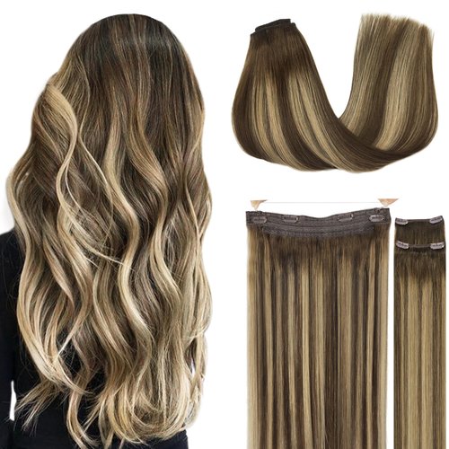GOO GOO Wire Hair Extensions Human Hair, 4/27/4 Chocolate Brown with Caramel Blonde Balayage 16inch 125g, Invisible Wire Hair Extensions with Transparent, Seamless Fish Line Hairpiece