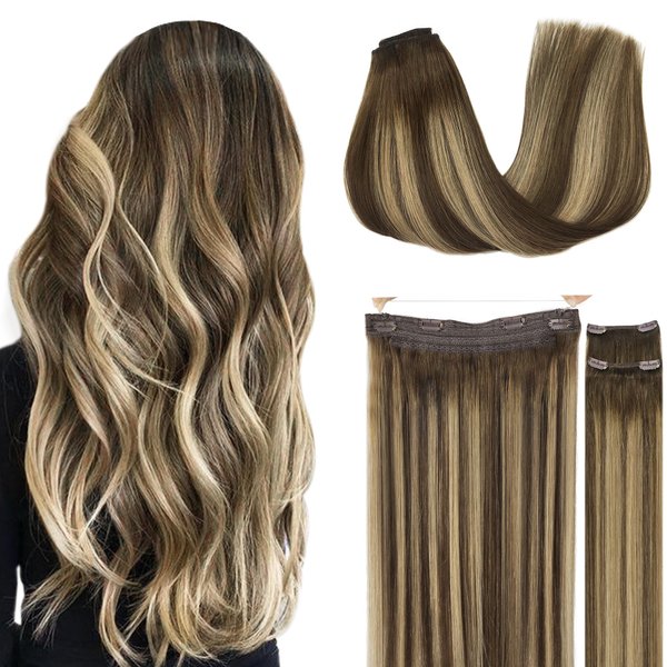 GOO GOO Wire Hair Extensions Human Hair, 4/27/4 Chocolate Brown with Caramel Blonde Balayage 16inch 125g, Invisible Wire Hair Extensions with Transparent, Seamless Fish Line Hairpiece
