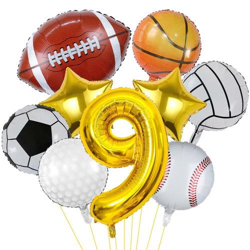 9 Pieces Sports Balloons, Football, Basketball, Baseball, Volleyball, Golf and Soccer Foil Balloon, Sports Birthday Number Mylar Foil Balloon, Sport Theme Birthday Party Supplies Decorations (9th)