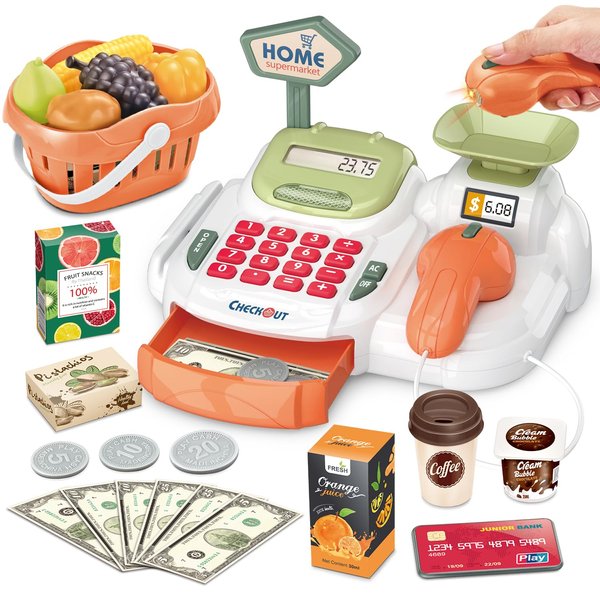 Cash Register 36PCS Supermarket Shop Toys with Electronic Sounds,Working Scanner,Calculator,Credit Card Reader,Play Food and Money Preschool Learning for Girl Boys Kids (Green)