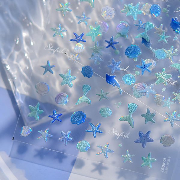 Summer Nail Art Stickers 5D Embossed Shell Starfish Nail Stickers Cute Dolphin Mermaid Nail Art Design Summer Sea Theme Nail Decals Self Adhesive Nails Supplies for Women Manicure Decoration-2pcs