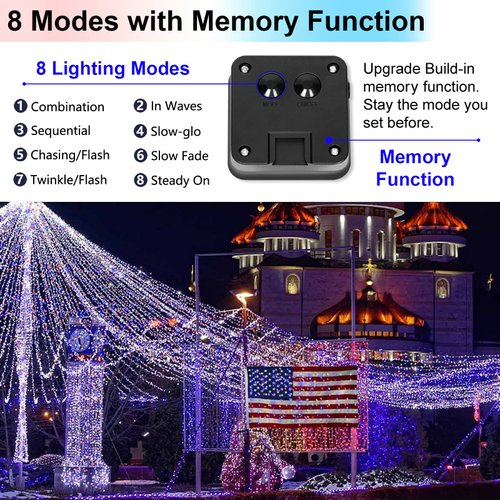 Memorial Day 4th of July Patriotic Decorations Solar String Lights Outdoor Waterproof-Red White and Blue Lights,2Pack Each 100LED 33ft,IP67 Waterproof 8 Modes Fairy Lights for Garden,Patio Yard