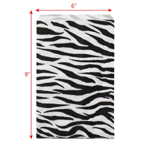 Ikee Design 200 Pcs of 6" X 9" W Flat Plain Paper or Patterned Bags for Candy, Cookies, Merchandise, Party favors, Gift bags, Small Paper Bags with Zebra Animal Print
