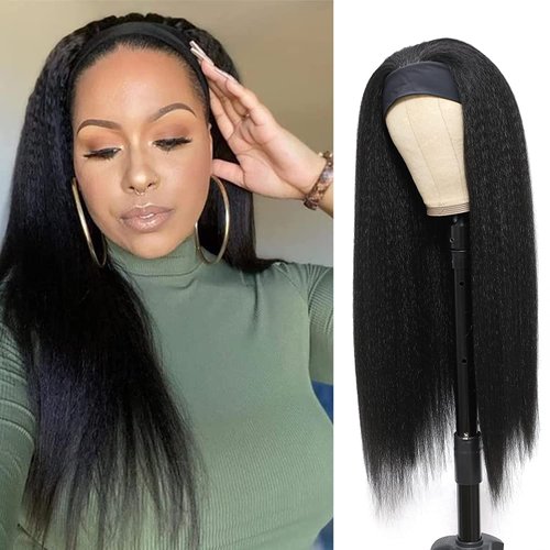 Kinky Straight Headband Wigs For Black Women 22 Inch Long Yaki Straight Headband Wigs Glueless Synthetic Headband Wigs Natural Black None Lace Front Wigs Machine Made Wigs ( Natural Black 22inch )