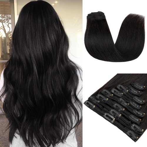 MY-LADY Double Weft 100% Remy Human Hair Clip in Extensions 10''-24'' Full Head Thick Long Straight 8pcs 18clips(24" / 24 inch 170g,#1B Natural Black)