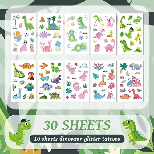 EMOME 100+ Styles Glow + Glitter Tattoos for Dinosaur Party Favors, Glitter Dinosaur Tattoos Temporary for Kids, Luminous Dinosaur Birthday Party Supplies Decorations Favors for Games Accessories