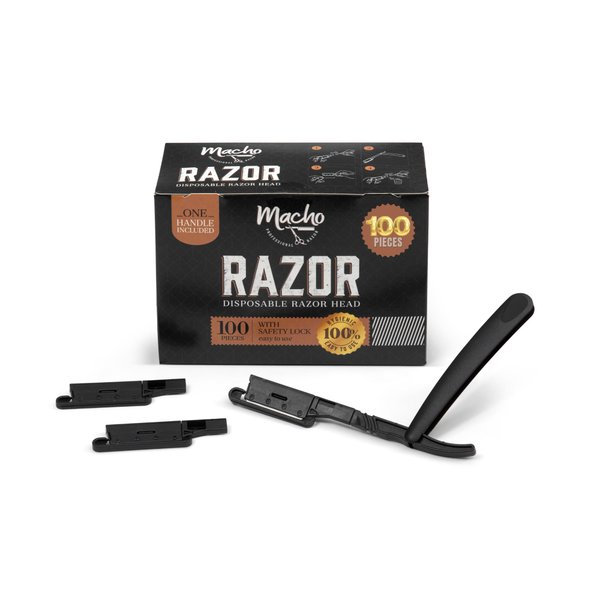 Professional Straight Razors for Men with 100 Disposable Barber Razor Blade Heads, Patented and Precise Straight Edge Razor with Safety Lock, Macho Shavette Straight Blade By Better Barber