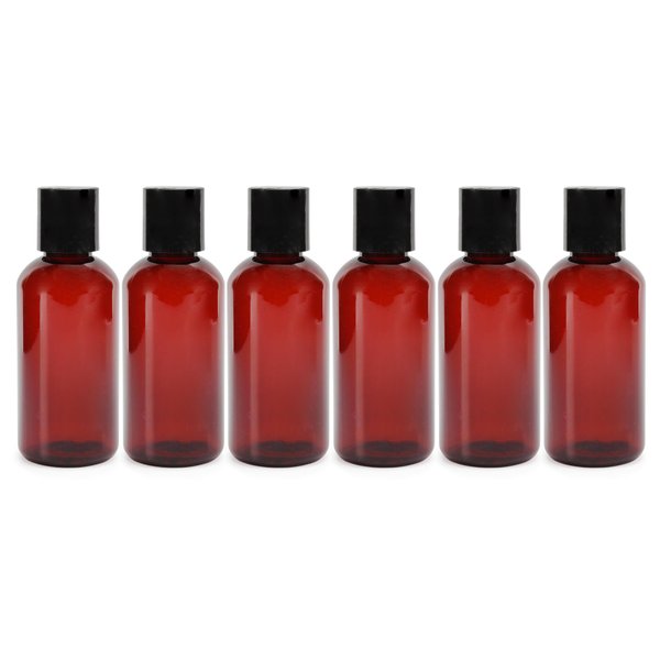 4oz Empty Amber Brown Plastic Squeeze Bottles with Disc Top Flip Cap (6 pack); BPA-Free Plastic Containers For Shampoo, Lotions, Liquid Soap, Creams