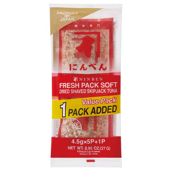 [Ninben] Authentic Dried Bonito Flakes (Hana Katsuo: 花かつお) Fresh Pack | Japanese Katsuobushi (鰹節) | Fresh & Original Flavor | Dried Shaved Skipjack Tuna | Product Of Japan (0.95 Oz x 5 Packs + 1 Bonus Pack)