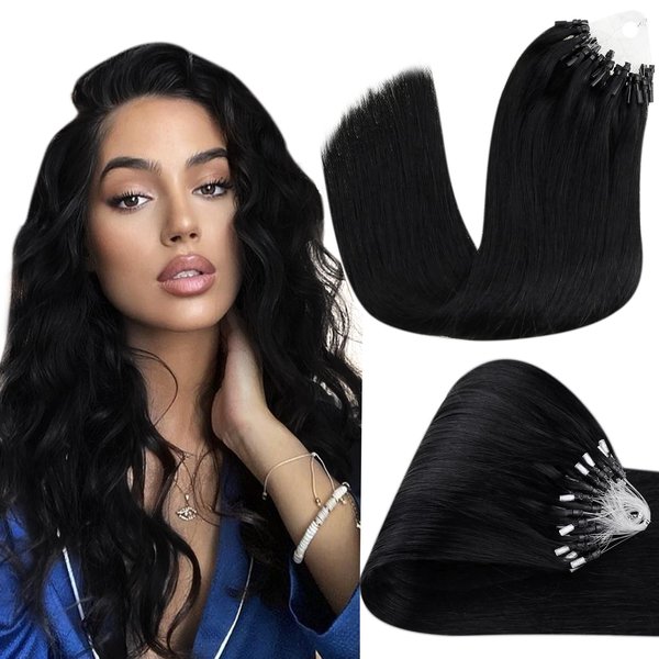 Hetto Human Hair Extensions, 22 Inch Black Microbead, Straight Microlink Hair Extensions, 50 Strands, 50g, Jet Black #1