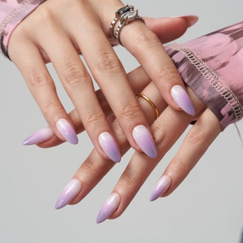 GLAMERMAID Press on Nails Almond,Purple Ombre Medium False Nails with Design,Spring 24 Pcs Glue on Nails for Women,UV Glossy Reusable Acrylic Stick on Nails Tips for Girls Gift