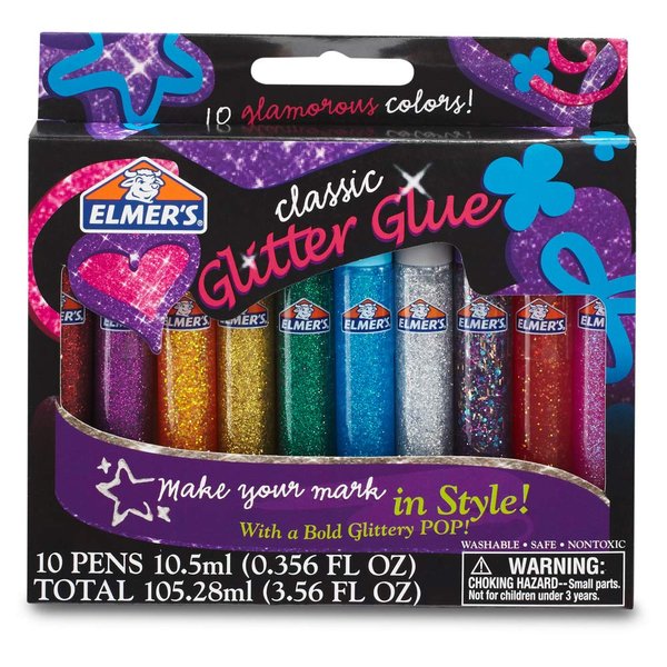 ELMERS E199 Elmer's 3D Washable Glitter Glue Pens, Classic Rainbow, Pack of 10 Pens - Great For Making Slime