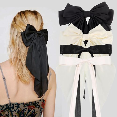 4 Pcs Hair Bows Clips for Women Girls - Silky Satin Big Bows Clips | White/Black Bow Hair Barrettes | Tassel Hair Ribons Bows with Oversized Long Tail - 2 Style