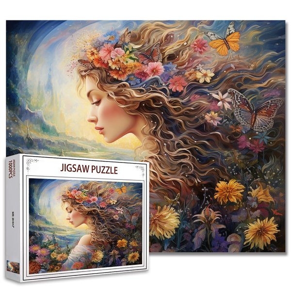 Fashion Girl with Flowers Puzzles 1000 Pieces for Adults, Families (Female,Tropical Plants,Butterfly) Pieces Fit Together Perfectly 19.7''x27.6''inch Garden Wilflowers Magic Puzzle Art（Colorful）