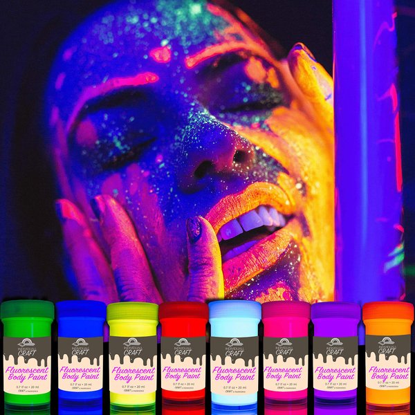 CRAFT Neon Body Paint UV - 8 x 20 ml / 0.7 fl oz - Blacklight Neon Make-Up - Bodypainting Neon Black Light Bodypaint Face Paints