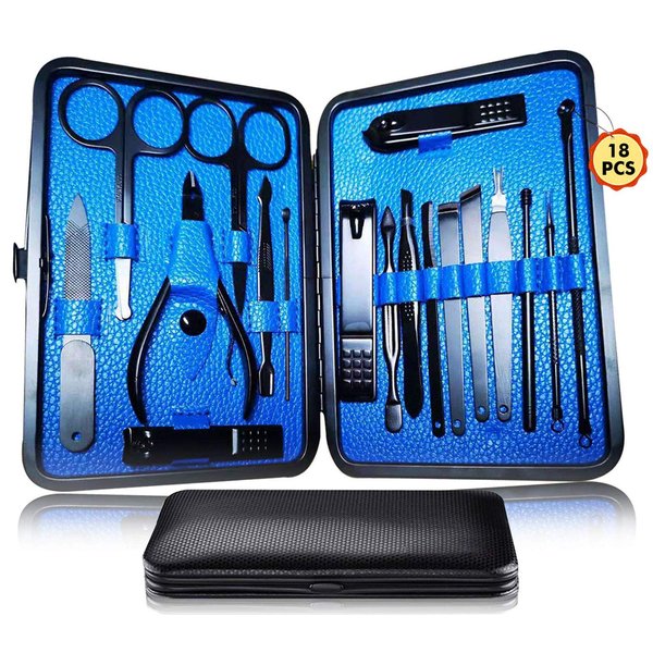 Manicure Pedicure Kit Nail Clippers Set 18 in 1 High Precision Stainless Steel Cutter File Sharp Scissors for Men & Women Fingernails & Toenails Vibrissac Scissors with Stylish Case (Blue_18in1)