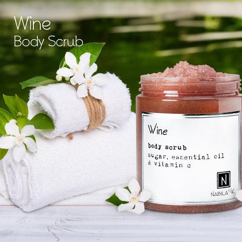 Wine Body Scrub Made in USA with Essential Oil and Vitamin C by Nabila K - Exfoliate and Moisturize for Smooth Skin - Luxury for Women & Men, 3 oz