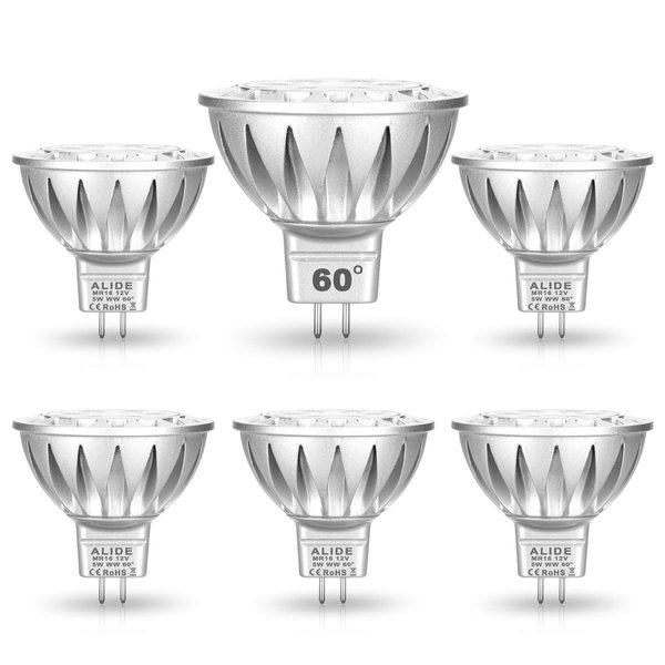 ALIDE MR16 Led Bulbs 60° 60 Degree Wide Beam Angle,5W Replace 20W 35W Halogen,2700K Soft Warm White,Low Voltage 12volt MR16 GU5.3 Bulb Spotlights for Track Recessed Landscape Lighting,450lm,6 Pack