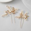 SWEETV 2Pcs Bridal Hair Accessories Pearl Bride Wedding Hair Pins Leaf Bridal Head Piece Rhinestones Hair Jewelry Gold Hair Accessories for Women and Girls