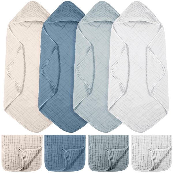 VitalCozy 8 Pcs Baby Muslin Hooded Bath Towels and Washcloths, 32 x 32 Inch Muslin Cotton Hooded Baby Towels Absorbent Hooded Blankets for Gift Newborn Infant Baby Shower (Blue,White)