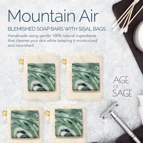 Age of Sage Natural Soap Bar w/Sisal Bag, Vegan Artisan Soap Bar Set for Men, Body Soap in Bar Soap Pouch, Natural Bath Soaps w/Essential Oils, 4 Plain Body Soap Bars, Mountain Air