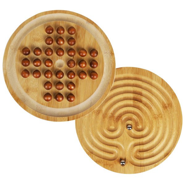 TOWO Wooden 2-in-1 Solitaire and Labyrinth Game Set- Classic one Player Board Game 25cm 9.8” Marbles-Balancing & Strategy Game 2in1-Brainteaser Puzzle and Maze for 6 Years Old to Adult