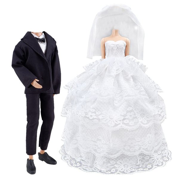 E-TING Wedding Set Beautiful Gown White Bride Dress Clothes with Veil and Groom Business Suit Outfit for Boy Girl Dolls（Doll Not Included）