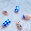 Cute Press on Nails Square Fake Nails with Bee and Flower Designs Stick on Nails Full Cover Blue and White Checkered French Tip Acrylic Nails Summer Sweet Young False Nails for Women Girls