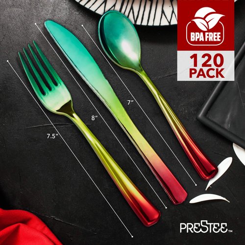120 Plastic Silverware Set | Rainbow Plastic Cutlery Set | Disposable Silverware Set | 40 Plastic Forks, 40 Plastic Spoons, 40 Plastic Knives | Rainbow Party Supplies Utensils | Wedding Flatware Set
