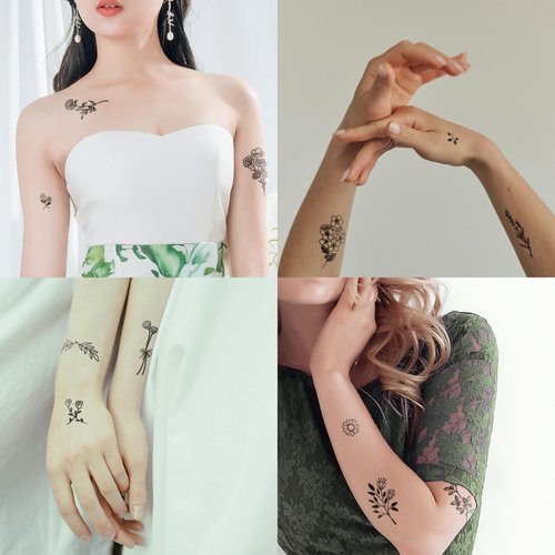 Mini Black Flower Temporary Tattoos - Realistic Long Lasting Waterproof Tiny Tattoos - Cute Floral Bouquet Wild Plants Small Tattoos for Women and Men