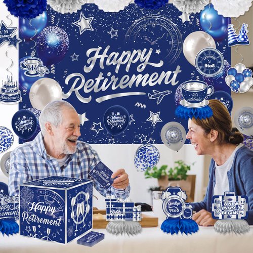 Happy Retirement Party Decorations for Men Women, Retirement Party Favors Well Wish and Advice Cards Banner Backdrop Honeycomb Centerpiece, Retirement Going Away Party Supplies(Navy Blue Silver)