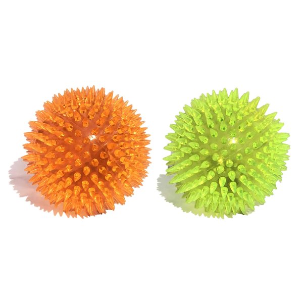 HUMMINGBIRD Pet Squeak and LED Flashlight Spike Balls for Dogs and Cats (2-Pack 4.5 Inches Yellow and Orange)