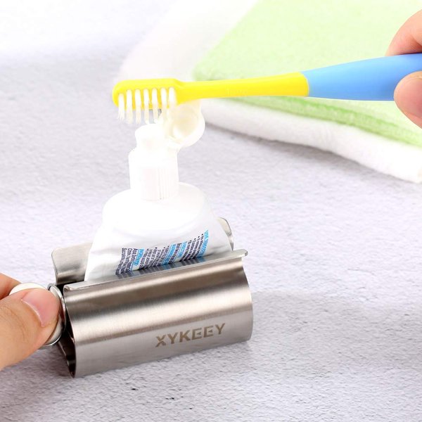 Toothpaste Tube Squeezer - Set of 3 Toothpaste Squeezer Rollers, Metal Toothpaste Tube Wringer Seat Holder Stand XYKEEY (Sliver)