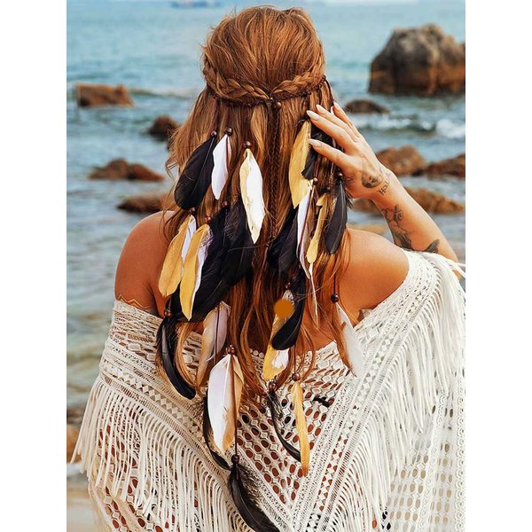 GORTIN Boho Feather Headband Gypsy Headpiece Headdress Bohemian Hippie Headbands Indian Festival Hair Band Adjust Long Feather Hair Accessories for Women and Girls (Black+Gold)
