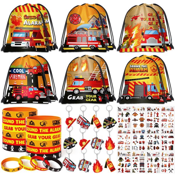 SNLN Fire Truck Party Favors Birthday Supplies, Firefighter Drawstring Bag Keychain Silicone Bracelet Tattoo Sticker, Firetruck Birthday Party Goodie Bag Stuffers Fillers Classroom Rewards for Kid
