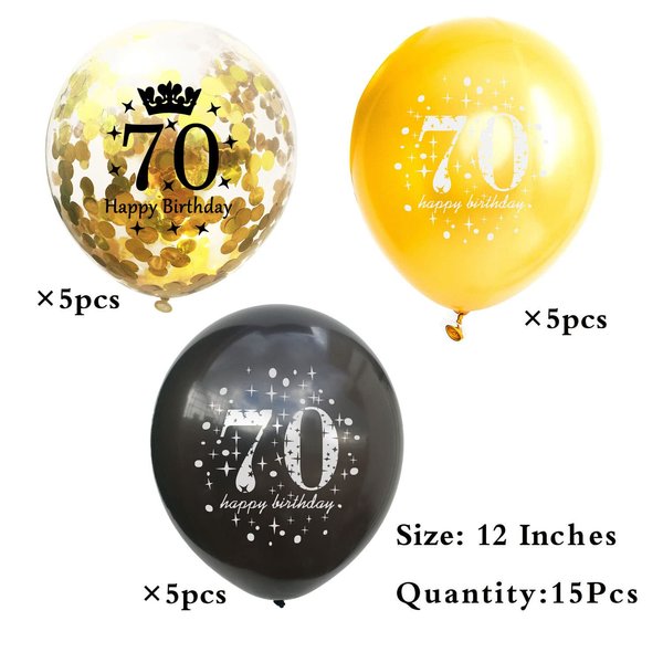 SHUNTAI 70th Birthday Balloons Black and Gold 70th Birthday Decorations for Men Women Latex Confetti Printed Number Balloon 70 Year Old Theme Happy Birthday Party Decor Supplies 15 Pack 12 Inch