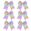 8 Inch Jumbo Cheerleader Bows with Bling Fling Rhinestones Ponytail Holder Cheerleading Bows Hair Tie College (Light Rainbow)