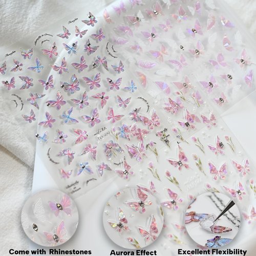 CESTSIREN Pink Butterfly Nail Art Stickers Rhinestones Aurora Nail Decals for Nail Art Design Self-Adhesive Nail Accessories for Women Nail Art Supplies 3 Sheets