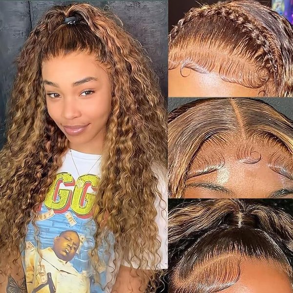 VELOMA 5x5 Water Wave Closure Wig 4/27 Highlight Lace Front Wig Human Hair For Women 180% Density 5x5 Hd Lace Closure Wig Pre Plucked With Baby Hair Wet And Wavy Honey Blonde Curly Wig 18 Inch