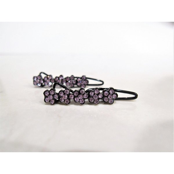 Two small tiny purple flower crystal hair pin clip barrettes fine hair