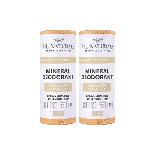 J&L Naturals Mineral Deodorant | Baking Soda-Free, 100% Natural, Sustainable Skin Care | Sensitive Deodorant For Women & Men | Aluminum Free, Vegan, Cruelty-Free (Bergamot & Vanilla, 3 Oz (Pack of 2))