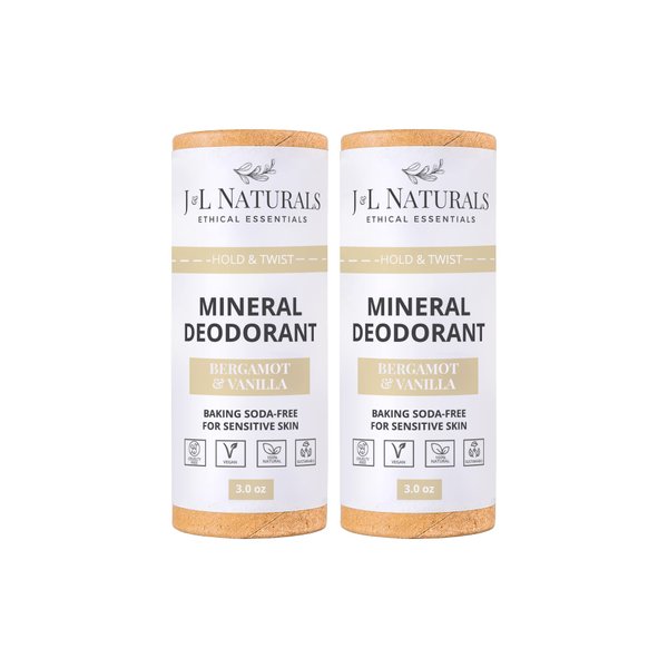 J&L Naturals Mineral Deodorant | Baking Soda-Free, 100% Natural, Sustainable Skin Care | Sensitive Deodorant For Women & Men | Aluminum Free, Vegan, Cruelty-Free (Bergamot & Vanilla, 3 Oz (Pack of 2))