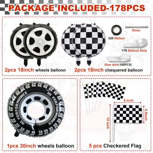 Race Car Birthday Party Balloons Arch Kit,179pcs Race Car Party Decorations Red yellow black and blue & Checkered Flag & Wheels Foil Balloon for Boys Racing car Theme Two Fast Party Supplies