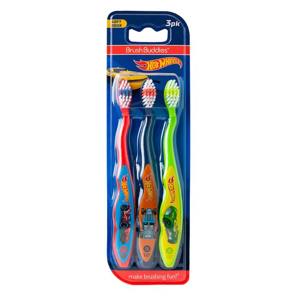 Brush Buddies Hot Wheels Toothbrush for Kids, Toddler Toothbrushes, Children's Toothbrushes, Soft Bristle Toothbrushes for Kids, 3PK
