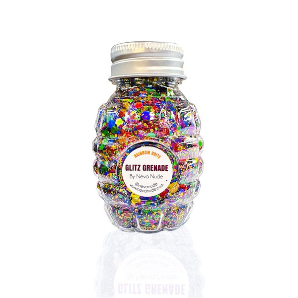Neva Nude Face and Body Glitter Keychain - Chunky Glitter in Aloe for Festivals, Raves, and More | Cosmetic Grade | Super Sparkly (Rainbow Brite Multicolor Holographic Glitz Grenade)