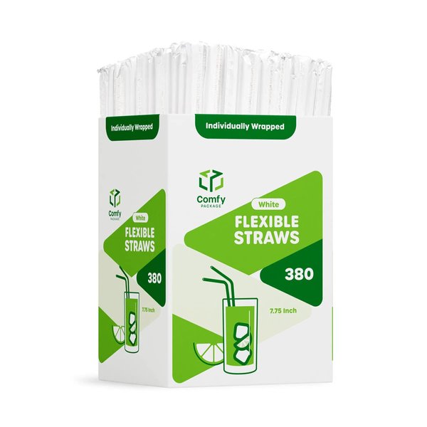Comfy Package, Individually Wrapped Disposable Plastic Flexible Drinking Straws - BPA Free - White [380 Pack]