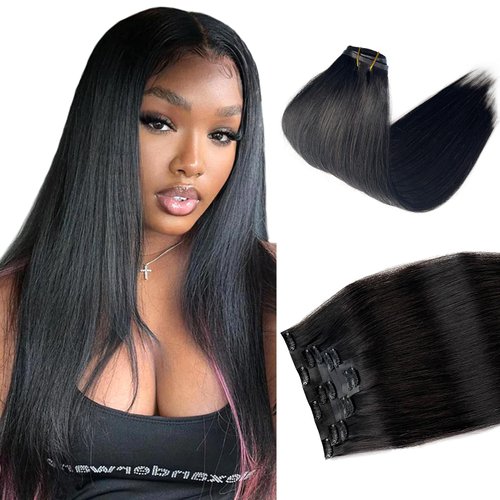 Seamless Clip in Hair Extensions Real Human Hair, Natural Black Hair Extensions Real Human Hair Clip ins Extensions 7pcs 100G 14 Inch, Ubetta Straight Remy Human Hair Extensions for Women